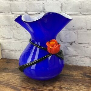 Murano Cobalt Blue With Red 3-D Rose Cased Glass Vase With Ruffled Top